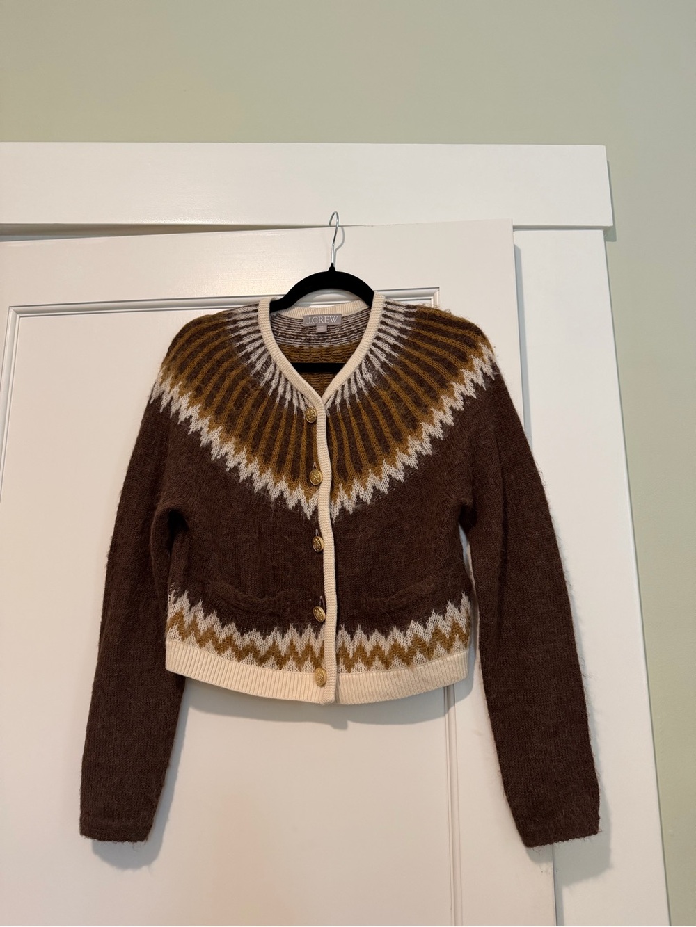 J. Crew Brown Fair Isle Button-Up Cardigan with Cream and Mustard Accents